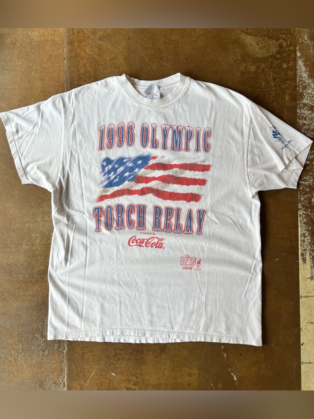 Vintage 1996 Atlanta Olympics Torch Relay American Flag Tee XL Americana Travel
